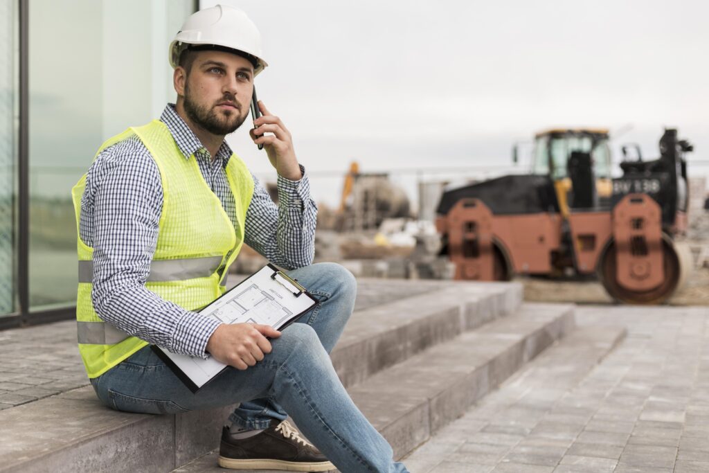 side view builder man sitting stairs 1